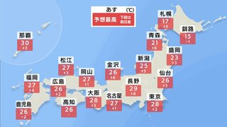 広く晴れて30℃以上真夏日も　夜は太平洋側で傘の出番も