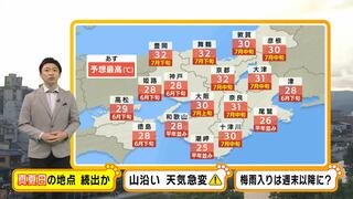 【近畿の天気】１１日（火）は晴れて真夏日の地点が続出か　大阪は３０℃、京都は３２℃の予想　熱中症に注意