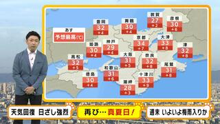 【近畿の天気】１９日（水）は強い日ざしと暑さが復活！気温は一気に上昇…多くの所で３０℃以上の真夏日に