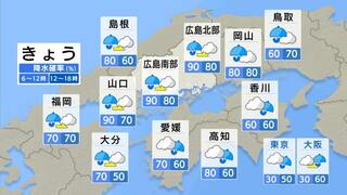 【きょう7/15(月) 広島天気】梅雨前線は山陰沖に停滞　断続的に強雨の予想　局地的に雷を伴う所も　