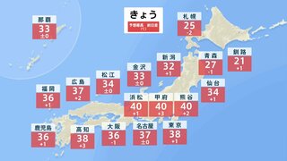 猛暑の気圧配置　熊谷・甲府・浜松で40℃ 東京38℃予想