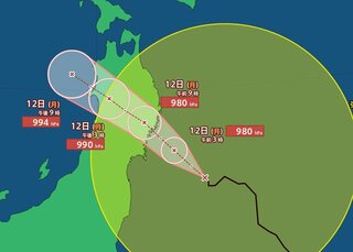 【台風最新情報　午後9時50分更新】台風第５号　12日朝から昼前にかけて東北直撃の見込み…石巻市の東南東約２００キロ　ゆっくりと西へ進行中