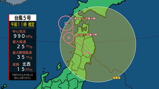 台風5号は12日8時半頃に岩手県大船渡市付近に上陸　この後東北地方を横断する見込み　東北地方を中心に土砂災害、河川の増水や氾濫、低い土地の浸水に厳重に警戒を