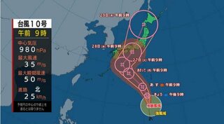 【台風情報】台風10号　「強い台風に」になり北上　27日には「非常に強い台風に」最大瞬間風速60メートル予想（29日までの風雨のシミュレーション）