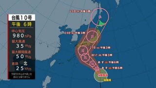 【台風情報】台風10号　27日火曜日には四国沖に位置し最大風速45メートル　最大瞬間風速60メートルの見込み　西日本は27～28日は大荒れに（25～29日までの風雨のシミュレーション）