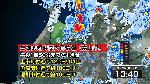 富山 上市町 魚津市 滑川市付近で「記録的短時間大雨情報」