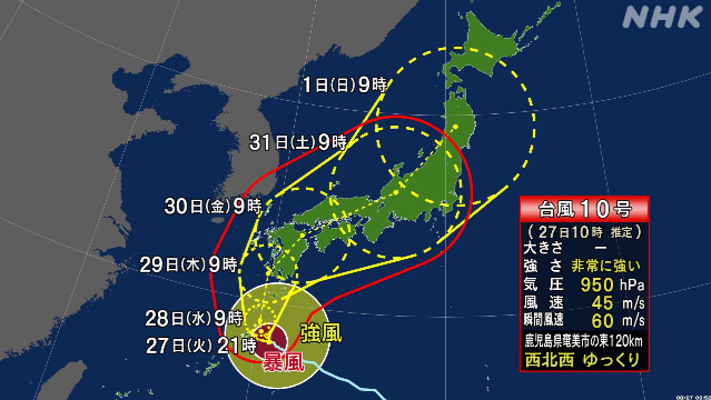 【27日】台風10号「非常に強い」急速に発達 災害に厳重警戒を