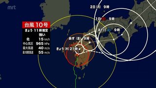 台風10号　宮崎県内のほとんどが暴風域に　土砂災害などに厳重な警戒を(29日午前11時半現在)