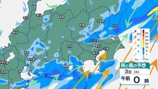 関東甲信地方では雷を伴い“バケツをひっくり返したような”激しい雨の恐れ　土砂災害や浸水などに警戒を【3日午前6時までの雨風シミュレーション・1時間ごと】