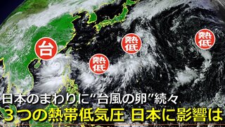 日本の南には“台風の卵”「３つの熱帯低気圧」が存在　沖縄付近に熱帯じょう乱が進む可能性　日本列島に接近・影響のおそれは　気象庁・アメリカ・ヨーロッパ　各国予報機関の進路予想比較【９日まで雨・風シミュレーション】