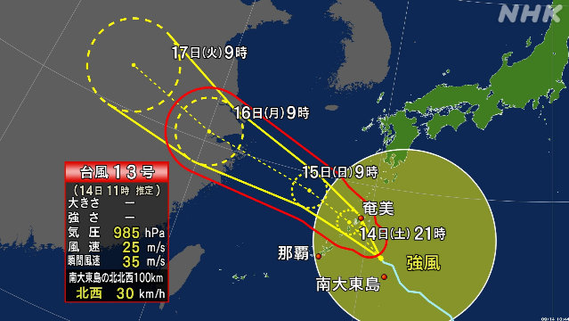 台風13号 今夜にかけ奄美地方に最接近見込み 暴風に厳重警戒を