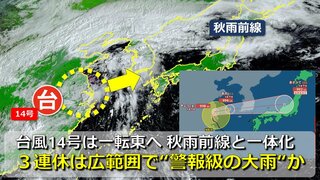 【台風情報】台風14号は一転東に向き変え山陰沖へ　南下する秋雨前線と一体化　３連休は全国の広範囲で“警報級の大雨”おそれ　異例な猛烈残暑は落ち着く【３連休の雨・風シミュレーション】　