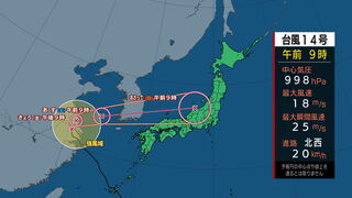 【台風情報】台風14号（プラサン）中国大陸で急激な進路変更“Uターン”　温帯低気圧に変わりながら22日（日）にかけて本州に接近　秋雨前線の活動活発化させ三連休前半は全国的に大雨のおそれ　日本海側は暴風が吹くことも　tbc気象台