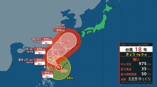 【台風情報】台風18号（クラトーン）「強い」勢力に　暴風域を伴って10月2日から３日頃にかけて沖縄地方に接近するおそれ（今後の風雨のシミュレーション）