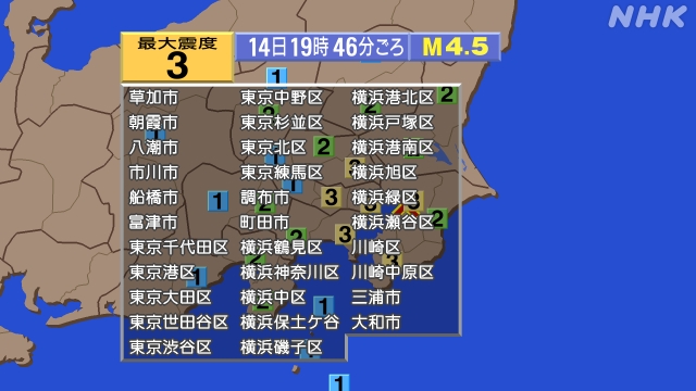 【地震速報】東京 神奈川 埼玉 千葉で震度3 津波の心配なし