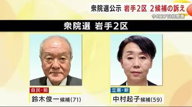 衆院選　岩手２区　前職と新人が立候補　閣僚経験のある前の議員に新人が挑む