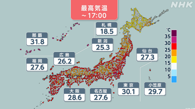 太平洋側中心に季節外れの暑さ 20日は各地で気温下がる見込み