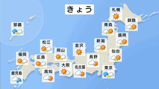 広く晴れ間あり　朝は関東で雨　午後も雲多くひんやり　九州南部から沖縄は雨　土砂災害などに注意