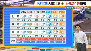 【近畿の天気】２９日（火）は雨で日中もヒンヤリ…出かけるときは傘を忘れずに　３連休前半は台風２１号の影響も？