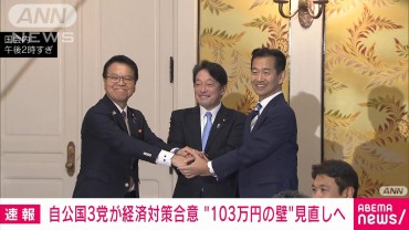 【速報】自公国3党が合意「補正予算、年内の早期成立を期す」“103万円の壁”は見直し